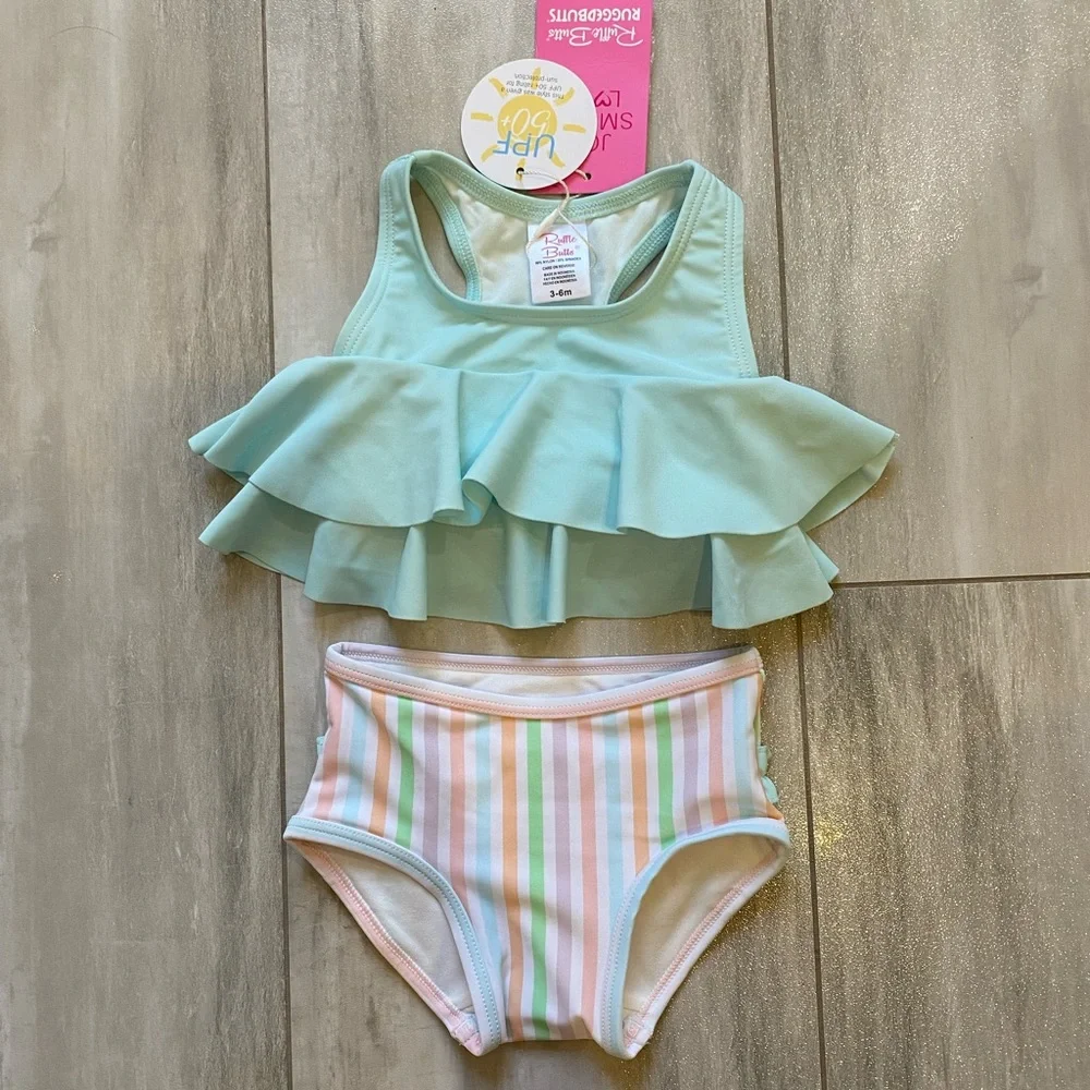 NWT RuffleButts Pale Rainbow Stripe Flounce Top 2-Piece Ruffled Bikini Girls 3M